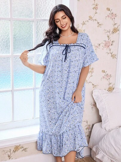 FloralLove CottageSlumber 여성 플러스 사이즈 로맨틱 플로럴 프린트 보우노트 반소매 나이트가운, 무무 나이트 드레스