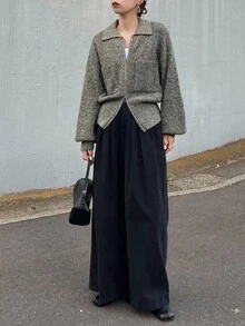 FRIFUL 女式灰色翻领落肩长袖双拉链下摆罗纹宽松休闲套头衫，秋季