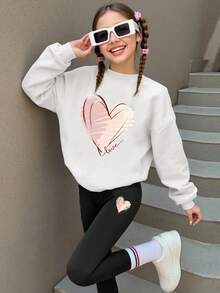 Sparklyn 2pcs/Set Teen Girl Casual Fleece Heart Print Round Neck Long Sleeve Sweatshirt And Skinny Pants Winter Clothes Outfit - Multicolor - View 3