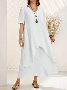 EMERY ROSE Plus Size Women's Fashionable Asymmetrical Cut Long Short Sleeve Dress