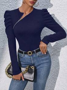 Chiquease 休闲通勤纯色泡泡袖斜拉链T恤，春秋 - 藏蓝色 - 查看 4