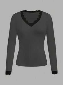 SHEIN EZwear Deep Grey V-Neck Lace Trim Fitted Long Sleeve T-Shirt, Suitable For Autumn/Winter - Dark Grey - View 2