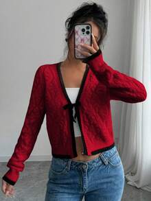 Selianne Contrast Trim Tie Front Crop Cardigan