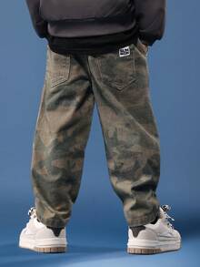 SUMWON Cotton Kids Pull On Camouflage Print Barrel Jeans Relaxed Fit Autumn Winter Denim Pants With New York Logo Print Comfort Waistband Fall - Army Green - View 4