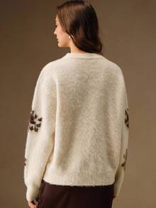 Anewsta 女士复古铆钉珍珠提花花卉针织毛衣、外套 - 奶油色 - 查看 2