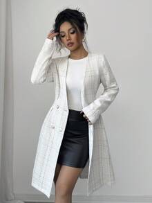 Rafferiza 女士优雅羊毛混纺格子大衣，V 领双排扣夹克，采用厚粗花呢面料 - 彩色 - 查看 6