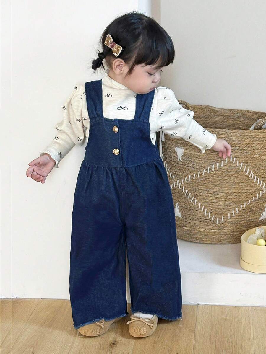 SHEIN Little Byeori 女婴海军蓝色宽松牛仔连体裤