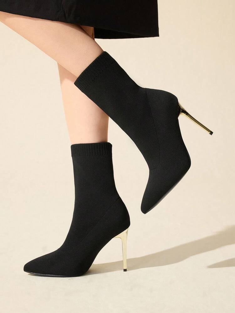 CUCCOO BASICS Botas de media pantorrilla de punto negro de mujer con puntera fina, tacón alto delgado, cómodas y transpirables de moda con elástico
