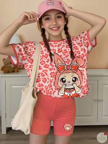 SHEIN Tween Girls' Casual Minimalist Pink Leopard Print & Cute Cartoon Pattern Short Sleeve T-Shirt And Shorts 2 Pieces Set, Suitable For Summer - Multicolor - View 1