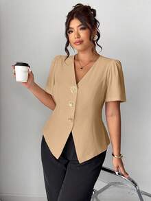 Elenzga Áo len cardigan cài nút hoa hồng thời trang cỡ lớn - Màu Khaki - Xem 5