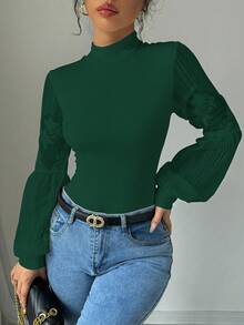Rafferiza Lace Patchwork Lantern Sleeve High Neck Women's Bodysuit