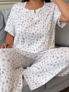 CottageSlumber Conjunto de pijama plus size romântico com blusa e calça de malha floral, conjunto de pijama floral feminino, conjunto de pijama floral rosa, conjunto de pijama de 2 peças, conjunto de pijama com flor de cerejeira - Branco - Ver 4