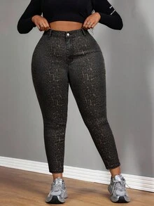 SHEIN SXY Quần jean bó cạp cao họa tiết da báo cỡ lớn dành cho nữ - Nhiều màu - Xem 4