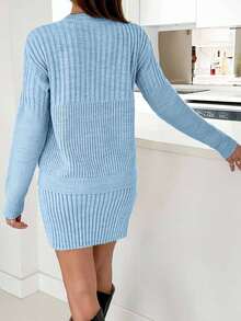 EURMUSE Casual Rib Knit Sweater & Mini Rib Knit Sweater Skirt Co-Ords - Baby Blue - View 2