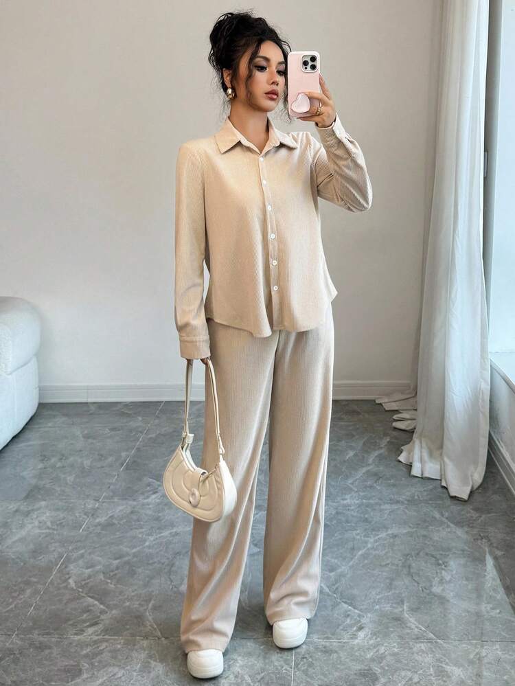 Ensemble Femme Pantalon et Haut Fluide Costume en Lin Ensemble De Vêtements 2 Pièces Femme D'été Couleur Unie T-Shirt Manches Longue Pantalon Large Taille Haute Party D'intérieur Jogging Soldes