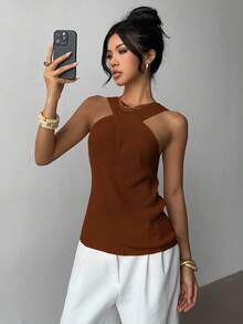 Elenzga Áo len dệt kim cổ chéo thiết kế tối giản, giản dị - màu nâu - Xem 4