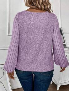 EMERY ROSE Plus Size Women Casual V-Neck T-Shirt, Autumn/Winter - Purple - View 2