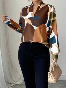 Elenzga Women's Casual Vacation Style All-Over Print Notched Collar Lantern Sleeve Loose Blouse, Spring/Autumn Fall Cloth For Women