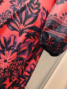 SHEIN Clasi 大码女式V领长袖碎花优雅连衣裙 - 酒紅色 - 查看 6