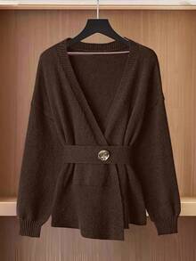 GlowEve Cárdigan de punto de manga larga con hombros caídos y unicolor de moda para mujer, otoño/invierno - Café integral - Ver 8