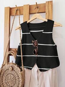 EMERY ROSE Áo len dệt kim không tay họa tiết sọc tối giản, rộng rãi dành cho nữ - màu đen - Xem 1