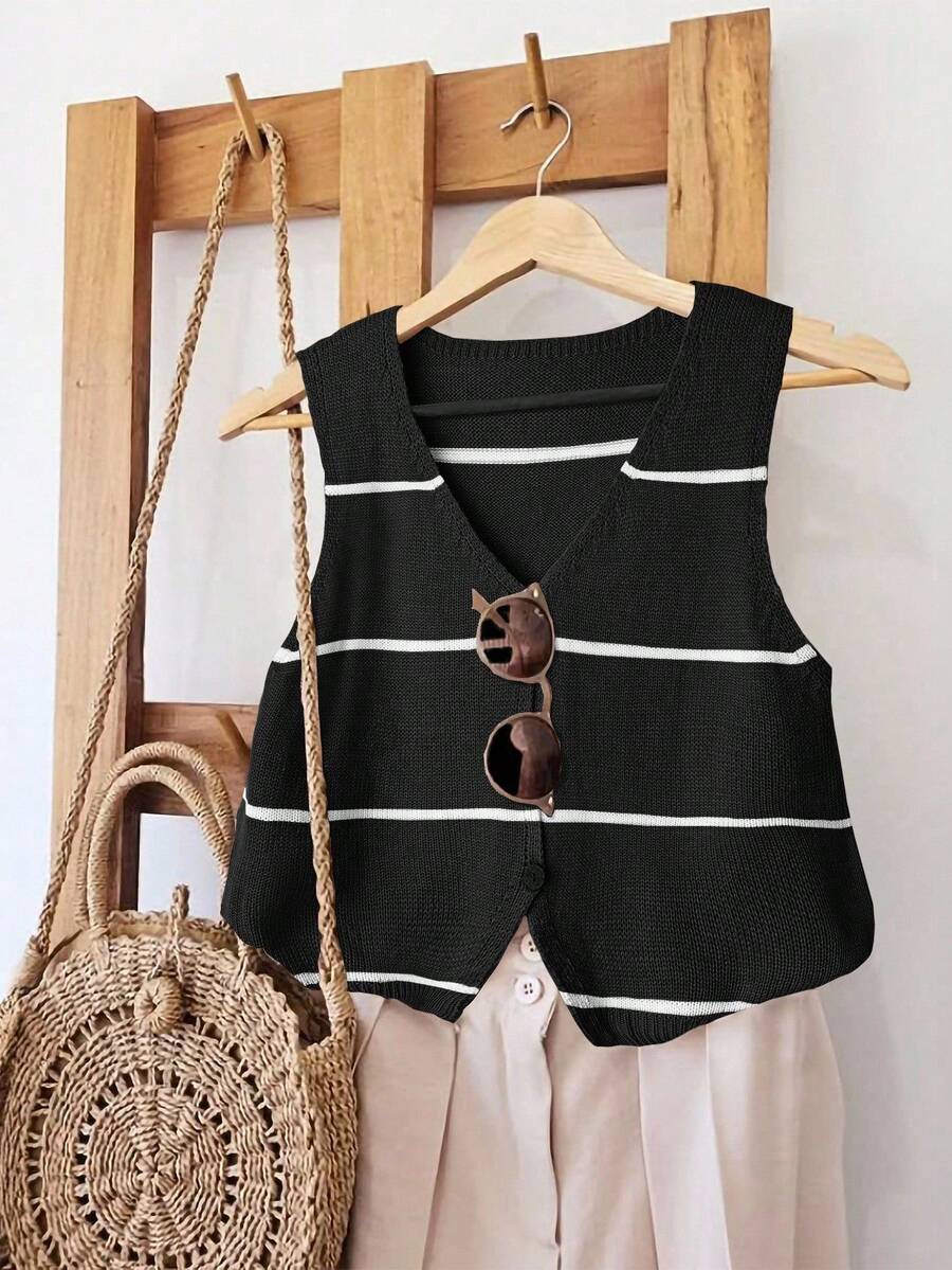 EMERY ROSE Áo len dệt kim không tay họa tiết sọc tối giản, rộng rãi dành cho nữ - màu đen - Xem 1