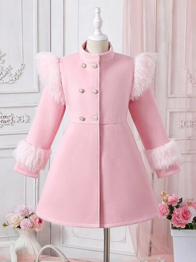 Glamorique Kids 秋冬韩版修身中长款双面短袖双排扣百搭大衣，长袖毛领优雅外套