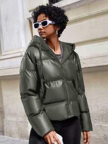 SHEIN Cottnline Zip Up Drawstring Hooded PU Leather Puffer Coat - Green - View 4