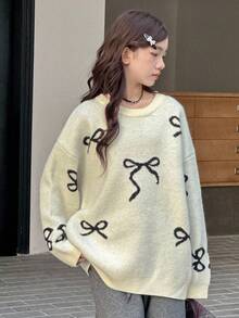 Hapijoa 青少年/女孩宽松休闲针织毛衣，带蝴蝶结，秋季甜美风格 - 杏色 - 查看 4