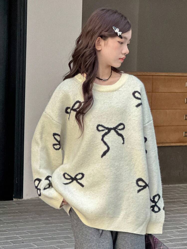 Hapijoa Chandail tricoté ample et décontracté avec nœud, style doux pour l'automne, pour adolescentes/jeunes filles - Nude - Voir 4