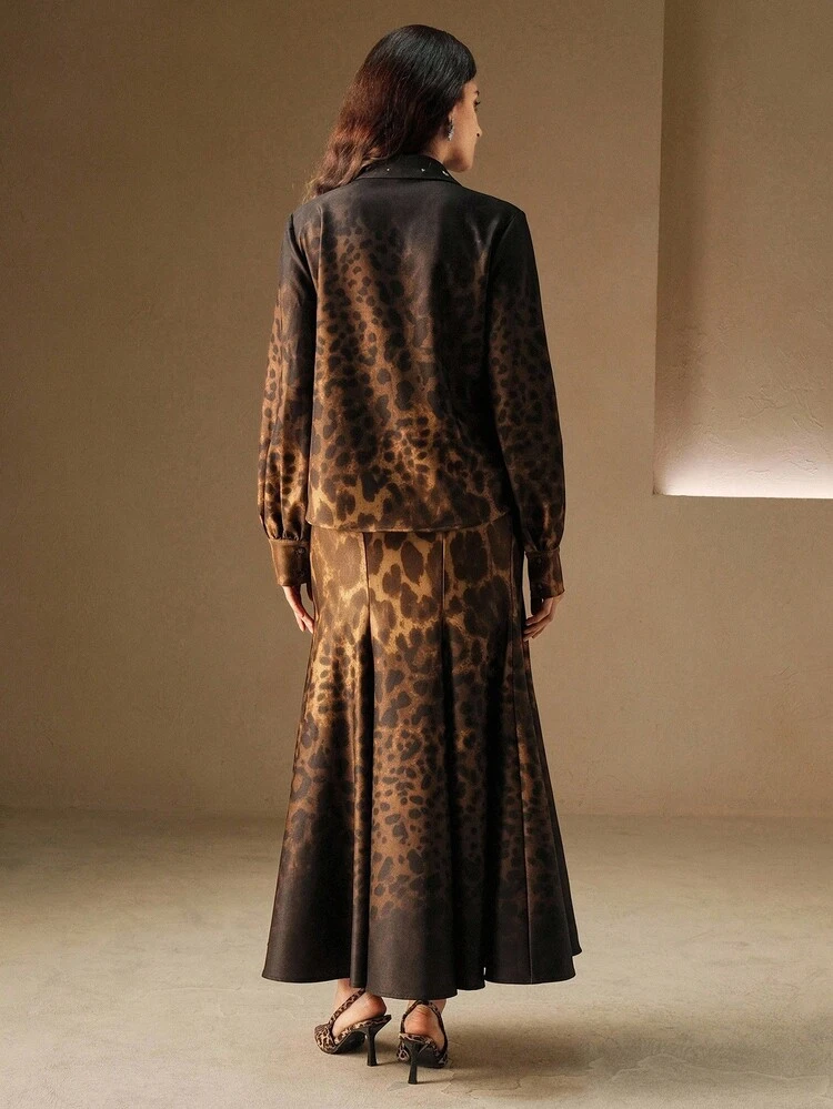 Ombre Leopard Print Sequin Floral Decor Long Sleeve Mandarin Collar Blouse + High Waist Ombre Leopard Print Bodycon Fishtail Skirt 2pcs Set For Women