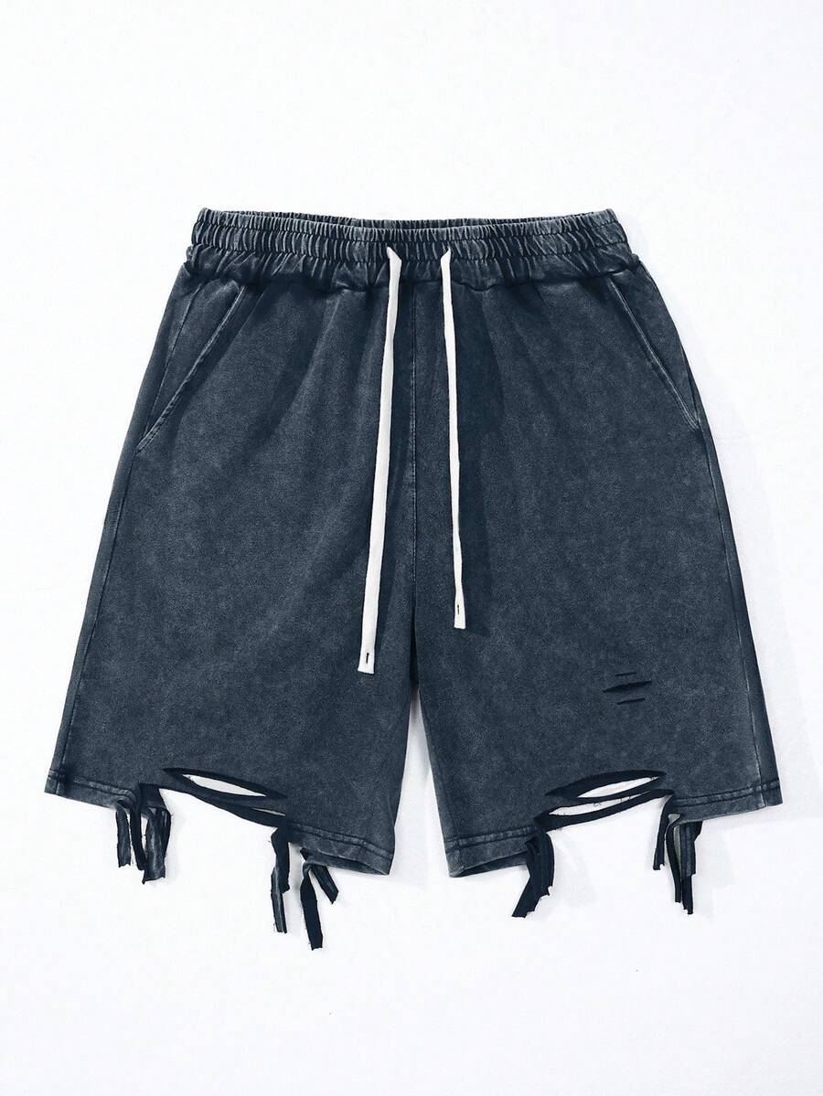 Manfinity EMRG Men's Solid Color Drawstring Waist Pocket Distressed Loose Casual Shorts - Blue - View 1