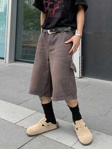 Manfinity EMRG 男士休闲宽松纽扣牛仔短裤 - 棕色 - 查看 8