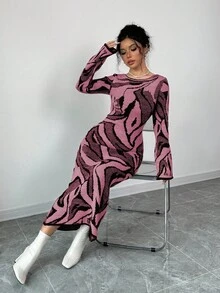 Elenzga Women's Sweater Dress With Flare Sleeves - Dusty Pink - View 6