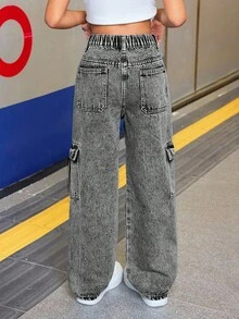 SHEIN 少女休闲宽松牛仔裤，带翻盖口袋和撞色缝线细节，直筒工装裤，适合春夏秋冬穿着。 - 黑色 - 查看 2