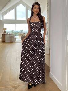 Aloruh 女式方领无袖棕色波点荷叶边下摆连衣裙 - 棕色 - 查看 3