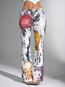 Jeanoix Quần ống loe in họa tiết kỹ thuật số thời trang thường ngày cỡ lớn dành cho nữ - Nhiều màu - Xem 3