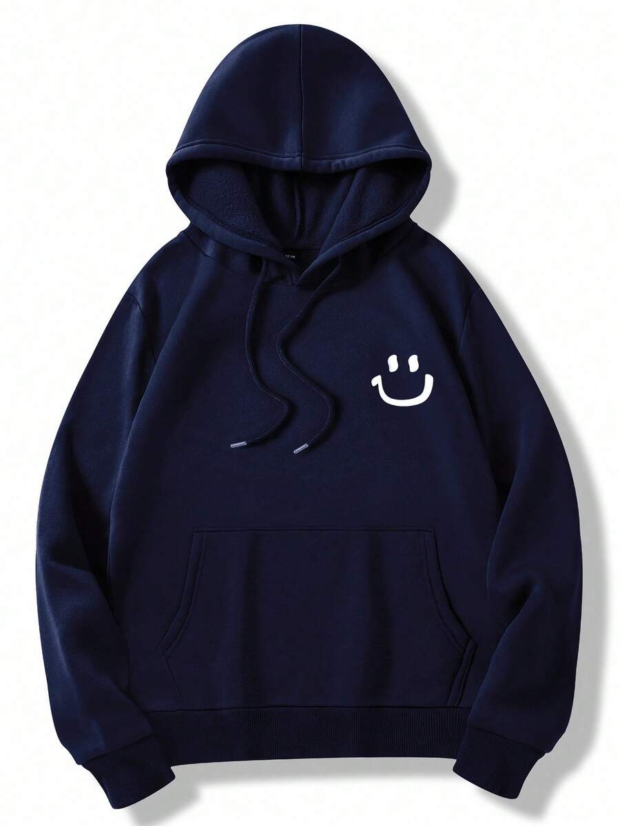 EURMUSE 100% Cotton Men's  Face Embroidered Fitted Hoodie - Navy Blue - View 1
