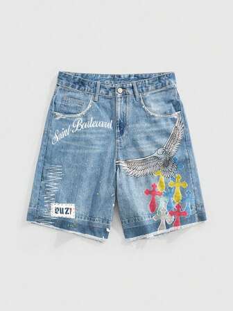 Street Life Pantaloncini di jeans casual da uomo con stampa e tasche