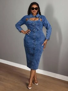 Slaydiva 1 件女士加大码长袖镂空连衣裙，时尚蓝色 - 中等水洗藍 - 查看 6