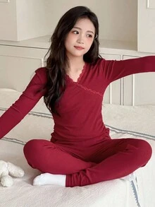 DAZY 青少年女孩纯色长袖上衣和裤子睡衣套装