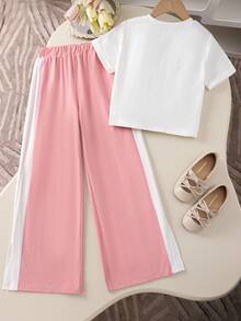 SHEIN Kids/Teens 2pcs Set - Loose Fit Crew Neck Pink Bow Splice White Casual Blouse + Casual Sports Pants - White - View 2