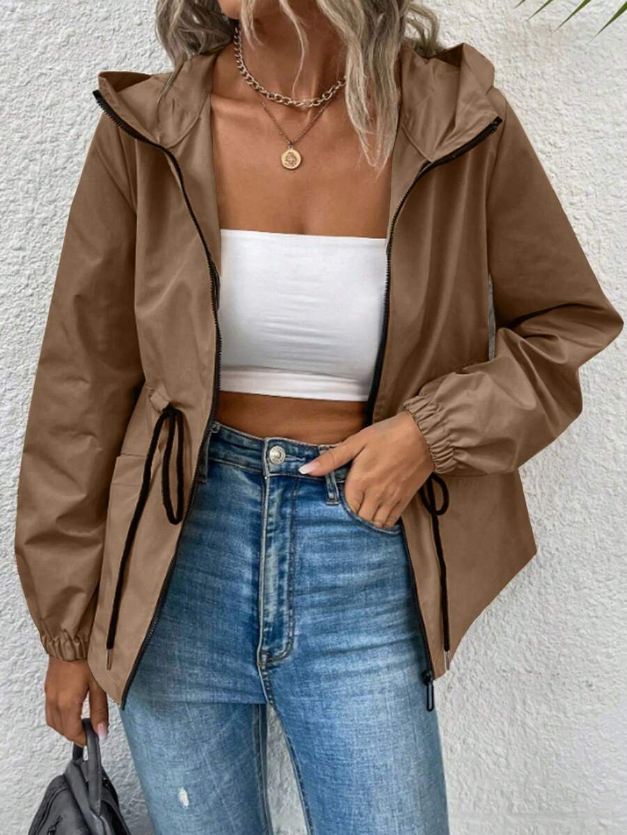 EMERY ROSE Women's Solid Color Long Sleeve Drawstring Waist Casual Zip-Up Hooded Jacket, Autumn