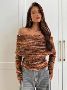 Aloruh Women's Fall/Winter Elegant Off Shoulder Ruched Fitted Long Sleeve Knit T-Shirt,Women Long Sleeve Top,Women's Winter Clothes, Going Out Top,Brown Top - Multicolor - View 7