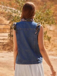 WESTFADE سترة بلا أكمام مزينة بالكشكشة والفرو والأزهار والجينز، ملابس علوية كاجوال وبوهيمي للخريف، ملابس ريفية غربية للحفلات