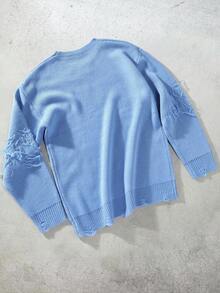 Manfinity EMRG 男士休闲宽松纯色圆领长袖毛衣，秋冬 - 藍色 - 查看 2