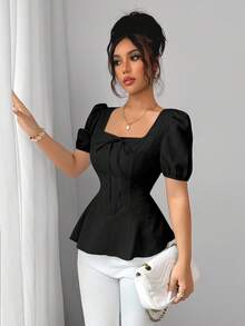 Elenzga 全新时尚百搭法式蝴蝶结灯笼袖优雅提花面料女式衬衫 - 黑色 - 查看 3