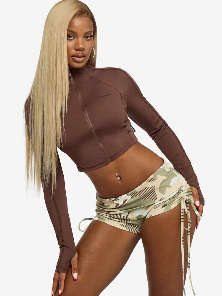 SUMWON Fitted Long Sleeve Zip Up Crop Top High Neck Brown Activewear Track Jacket