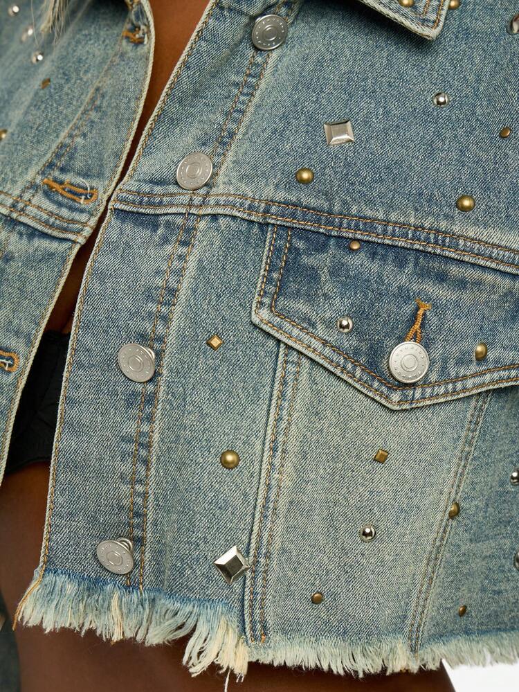 SUMWON WOMEN Studded Denim Cropped Jacket With Raw Hem