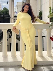 NegzBox 女士优雅露肩金属蝴蝶结装饰长裙 - 黃色 - 查看 6